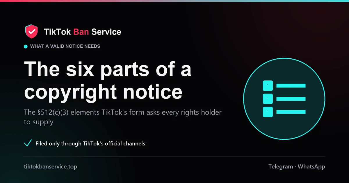 The six parts of a valid TikTok copyright notice, the section 512(c)(3) elements the form requests